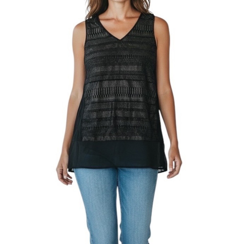 Apt. 9 Women's Black Metallic Textured Sleeveless V-Neck‎ Chiffon Blouse Tank M